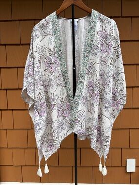 J JILL | Purple Floral Botanical Casual Boho Chic Kimono Wrap Tassels | Size S-L